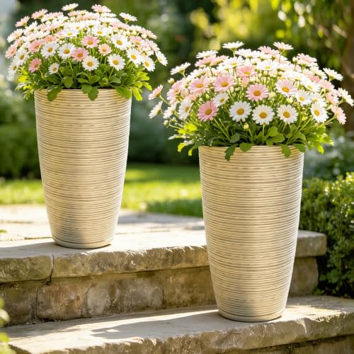 AUTODAYA 23.5" Tall Planters for Outdoor Plants (23.5"h-ivory Stripes Texture)