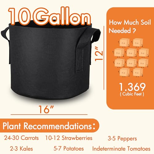 6 Pack 10 Gallon Grow Bags Fabric Pots with Heavy Duty Handles (6 Count)