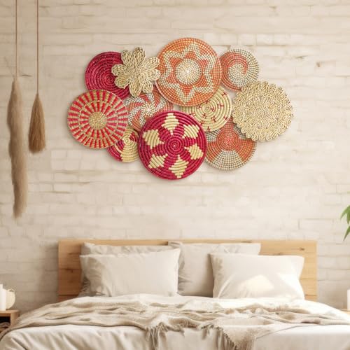 11 Pcs Boho Wall Basket Decor Woven Wall Hanging Art (Pink)