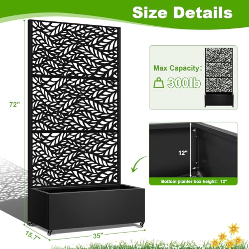 Metal Planter Box with Trellis (Black Leaf-shaped / 72"x35"x16")