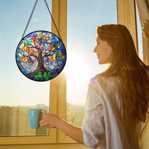 Butterfly Tree of Life Stained Glass Window Hanging Suncatcher Gifts 6.3" (Colorful / 6.3x6.3 IN)