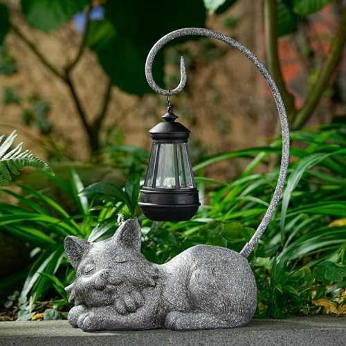 Outdoor Cat Figurine Garden Statue with Solar (Marbled)