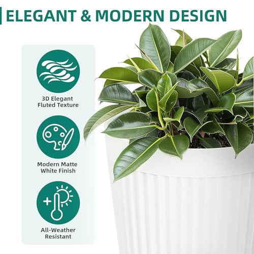 Autodaya 20" Tall Fluted Resin Planters Set of 2 with Drainage Holes (White Fluted-20"h)