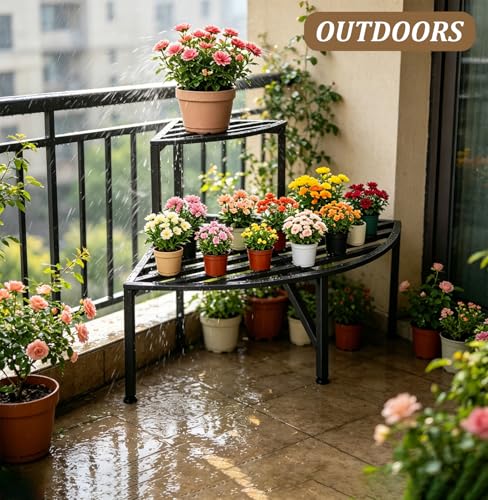 2 Tier Corner Plant Stand Outdoor Metal (Corner-Black)