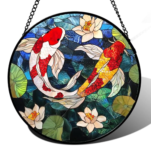 Stained Glass Window Hanging Carp Suncatcher Gifts for Women 6.3" (Red and White / 6.3x6.3 IN)