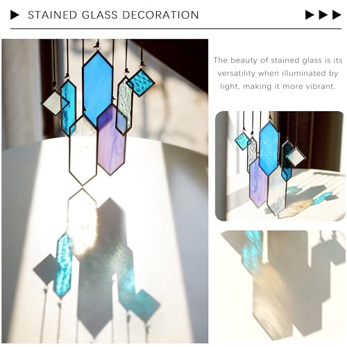 7pcs Stained Glass Window Hanging Suncatchers Modern Blue Wall Art Ornament (Blue Purple-7pcs)