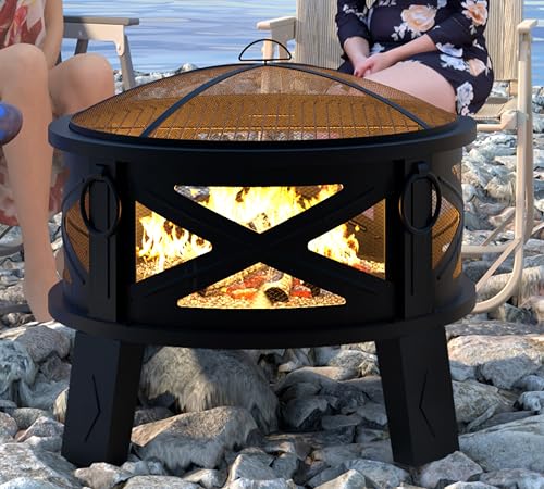 26in Steel Fire Pit with Chimney for Backyard Camping BBQ (Contemporary)