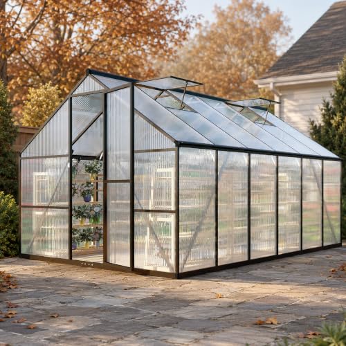 8x12FT Greenhouse kit with Roof Vent (Charcoal Black / 8×12FT)