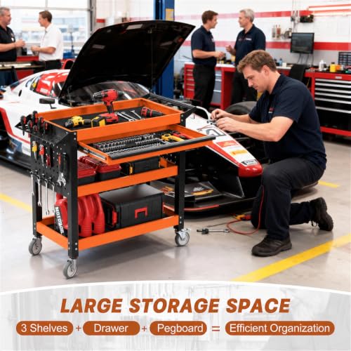 3 Tier Heavy Duty Metal Rolling Tool Cart with Drawers (Orange With Drawers)