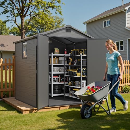 6x6FT Plastic Outdoor Storage Shed with Floor (6x6FT / Dark Gray)