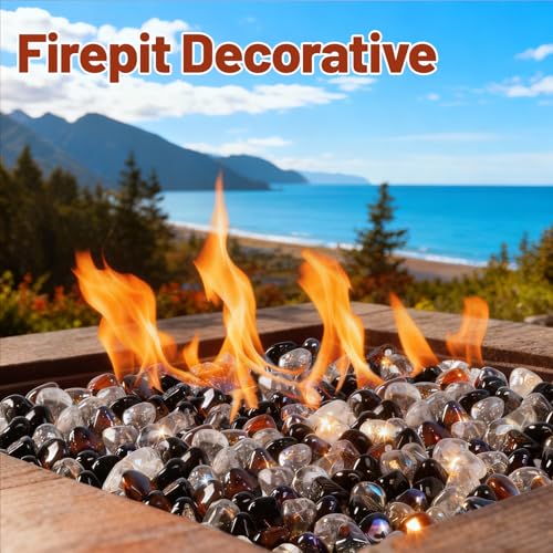 Blended Fire Glass Diamonds for Fire Pit Fireplace (Diamond 10LB / Crystal Ice +Onyx Black + Amber)