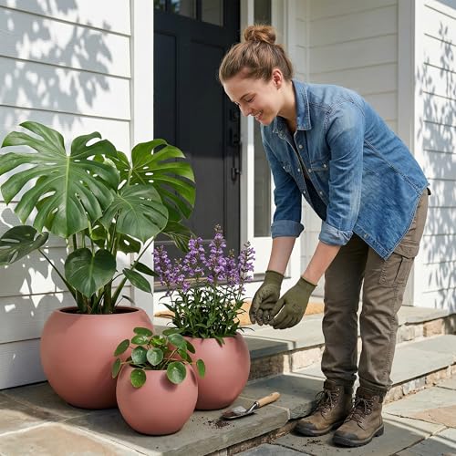 Premium Mt Sherman Fiberstone Sphere Planter for Indoor Outdoor Use (Terracotta / Small 12.6''D x 10''H)