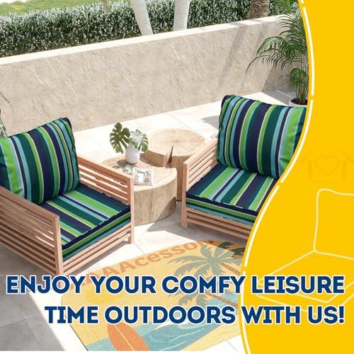 Outdoor Chair Cushions (Stormy Teal Coastal Stripe / 25.5"x25.5"x5" / 25.5"x19")
