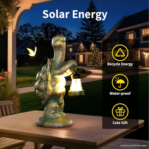 17 Inch Solar Turtle Garden Statue with LED Lantern Outdoor Decor (17in Solar Turtle)