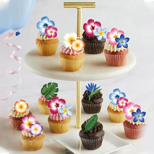 65 PCS Edible Hawaiian Flowers Cupcake Toppers Tropical Palm Leaves Cupcake Picks Edible Hibiscus Flower Cake Decorations for Summer Hawaii Luau Theme Baby Shower Wedding Birthday Party Supplies (Pattern 4)