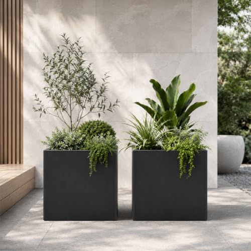 Galvanized Steel Black Metal Square Planter for Indoor Outdoor Set of 2 (Black / 13.8"H×13.8"W×13.8"L)
