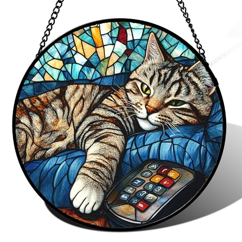 Gray Cat Remote Control Stained Glass Window Hanging Suncatcher Gifts 15" (Blue-gray / 14.9x14.9 IN)