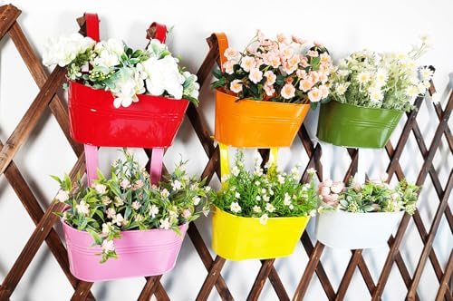 6 Pack 12" Colorful Metal Railing Planters with Hooks for Outdoor Fence (Oval - 11.8 Inch)