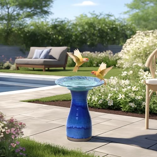 LuxenHome 20" Ceramic Bird Bath for Outside (Navy Blue)