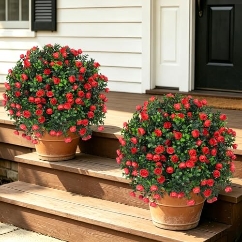 2 Pack Artificial Rose Topiary Ball Trees with Ground Spike (Red Rose)