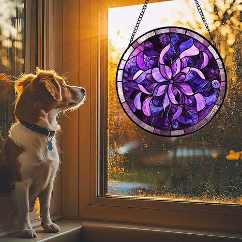 Purple Abstract Flower Stained Glass Window Hanging Suncatcher Gifts 9.8" (Dark Purple / 9.8x9.8 IN)