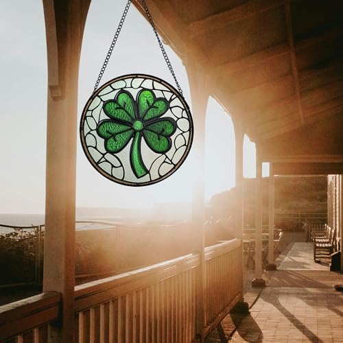 Lucky Clover Stained Glass Window Hanging Suncatcher Gift for Mom 12" (White and Green / 11.8x11.8 IN)