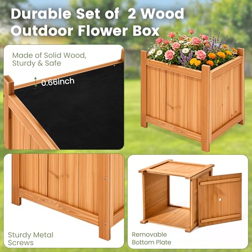 2 Pack 16" Square Fir Wood Planter Boxes with Drainage Holes (Square Planter Boxes-natural Fir Wood Color)