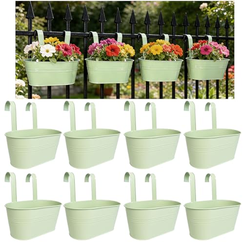 8 Pack 10" Balcony Hanging Metal Fence Planters Flower Pots (Mint Green)