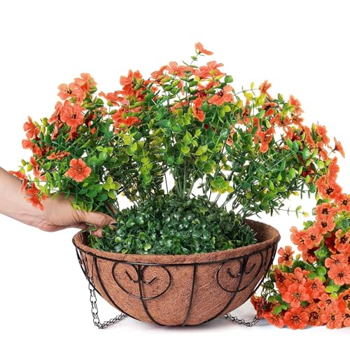 Artificial Fake Fall Hanging Plants Flowers Basket for Outdoor Decor (Orange)