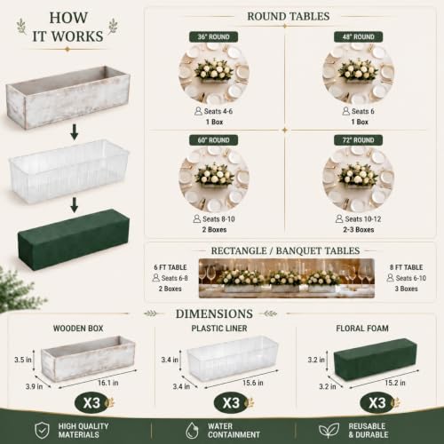 3 Set Wood Boxes for Centerpieces 16x4 Inch Rectangle Wooden Planter Box Rustic Wooden Planters with Removable Plastic Liner Floral Foam Blocks for Christmas Wedding Home Garden Decor (16 x 4 Inch / White)