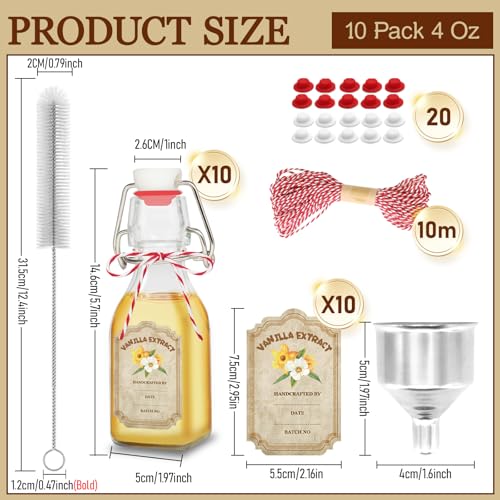 10 Pack Swing Top Glass Vanilla Extract Bottles 4 oz with Lids (Square-4oz-10pcs)
