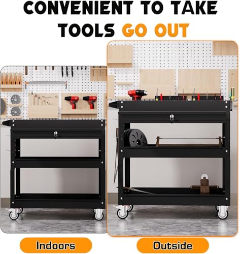 3 Tier Tool Cart on Wheels with Drawers (Black)