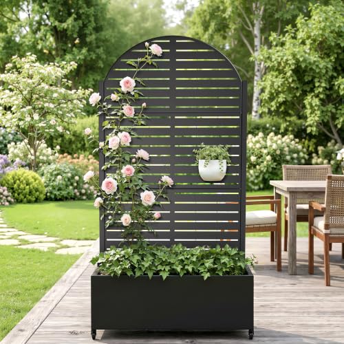 Metal Arched Trellis Planter Box with Wheels (Arched-black Finish / 71"x35")