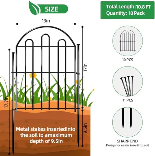 10 Pack Decorative Garden Fence (Black / 10 Panels, 26in x 10.8ft)