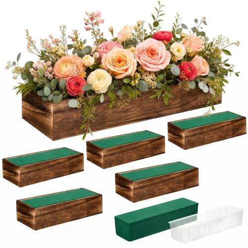 6 Set Wood Rectangle Boxes 12x4 Inch Rustic Planter with Liner (12x4 Inch)