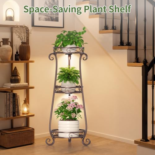 3 Tiers Metal Corner Plant Stand Tall with Light for Indoor Outdoor (Bronze with Light / 3 Tier)