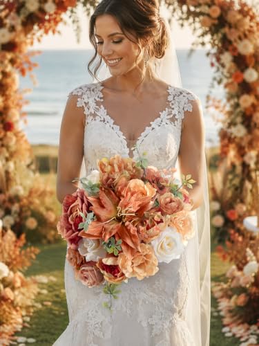 Fall Artificial Flowers Combo Fake Flowers Bulk for Wedding Decor (Champagne Coffee)