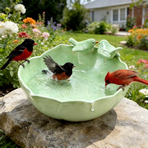 Glazed Ceramic Bird Bath Bowl for Outdoor Ground (Light Green)