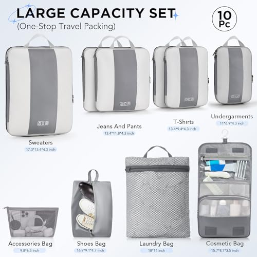 10 Set Compression Packing Cubes for Travel Essentials (Gray)