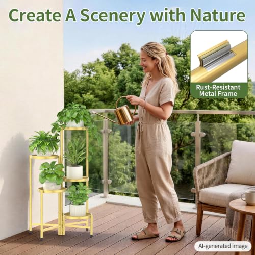Plant Stand Indoor with 10 Inch Large Metal Tray (Standard Gold / 5 Tier)