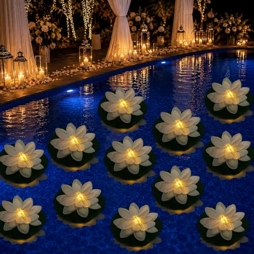 12 PCS Waterproof Floating Lotus Light (Warm White+Dragonfly / 5 inch)