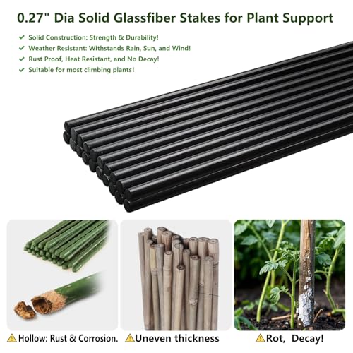 Garden Stakes 48 inch 20 Pack 0.27" Dia Solid Glassfiber Plant Support Rod Tomato Trellis Stakes (Black)