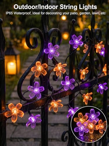 Solar Flower String Lights Outdoor Waterproof 50 LED Fairy Lights (Purple & Orange / 1 Pack)