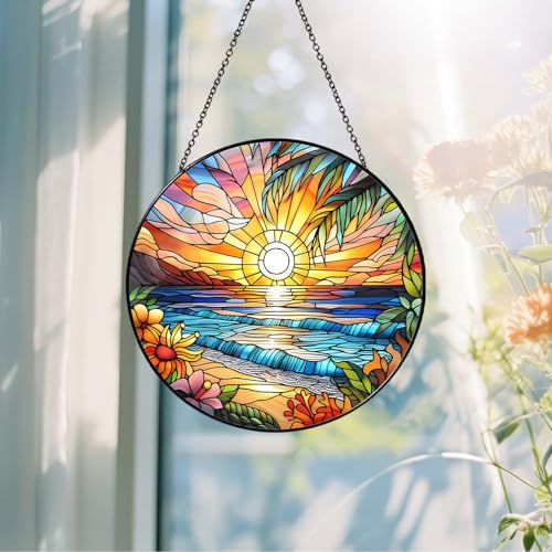 Beach Sunset Sun Catcher Stained Glass Window Hanging 6'' (Beach Sunset / 5.91inch)