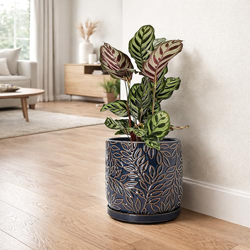 Embossed Leaves Ceramic Planter (8 Inch / Midnight Blue)