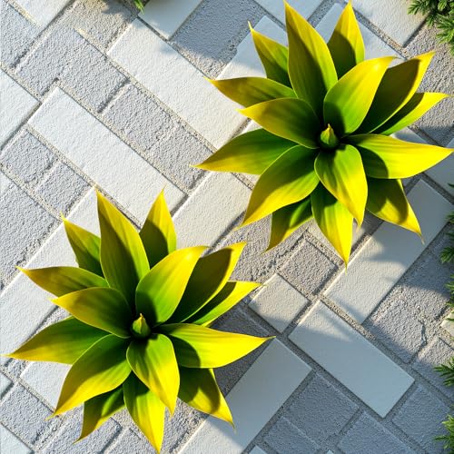 2-Pack 13.8-Inch Artificial Agave Plants, UV Resistant Artificial Outdoor Plants and Faux Succulent Greenery for Planters, Porch, Patio, Garden, Entryway and Home Decor, Yellow (Agave15-ye2)