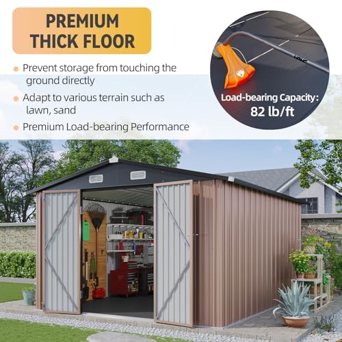 10x12FT Shed with Floor Galvanized Steel Outdoor Storage Shed (Brown / 10'x12'w)