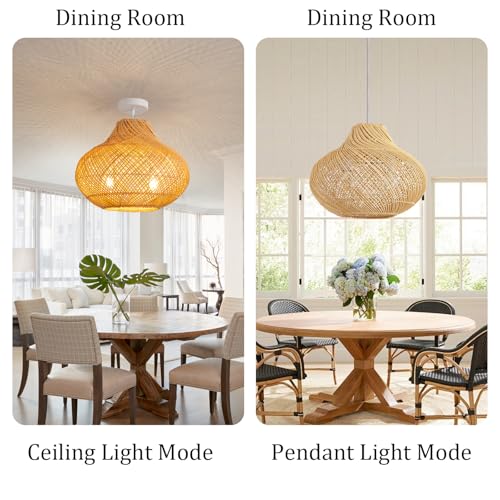 15" Rattan Pendant Light (Black Metal+Rattan / 14.96" 2-Light)