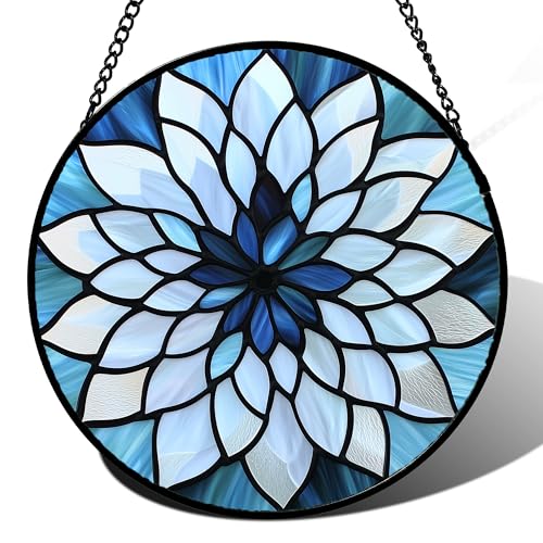 Abstract Lotus Stained Glass Window Hanging Suncatcher Gift for Women 12" (Blue and White / 11.8x11.8 IN)