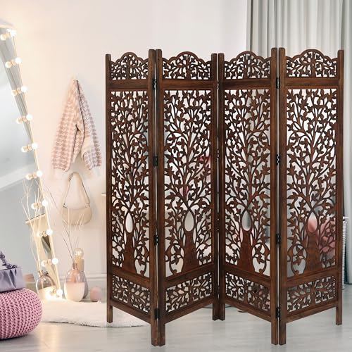 Room Divider Wooden Foldable Hand Carved Screens Panel_80" Wx72 H_4Panel (Burnt / 80"W x 72"H - Tree)